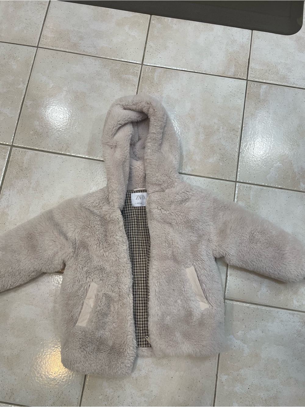 Zara Kids Hooded Faux Fur Jacket - Light Taupe